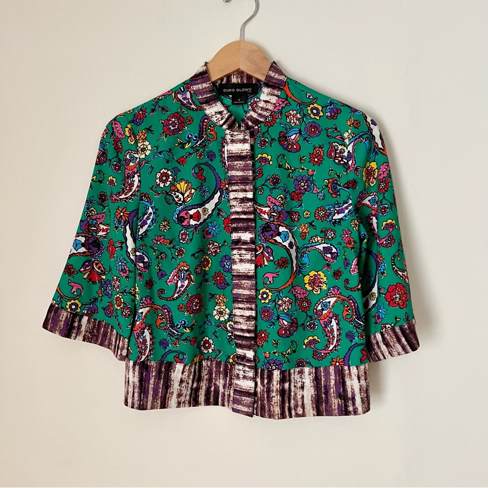 Duro Olowu for JCP Floral Green Blouse with Purple Accents S